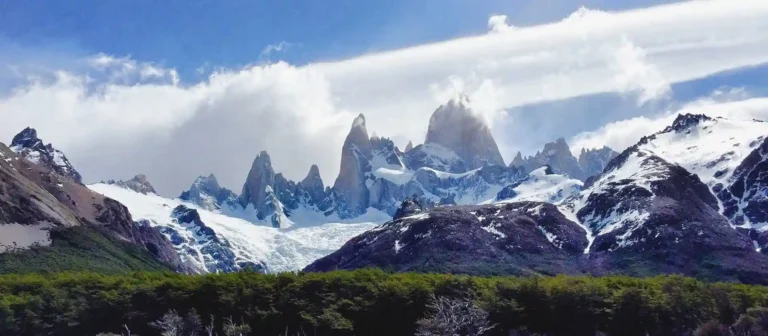 Snow-capped Mount Fitz Roy and Cerro Torre rising above Los Glaciares National Park in Argentine Patagonia.