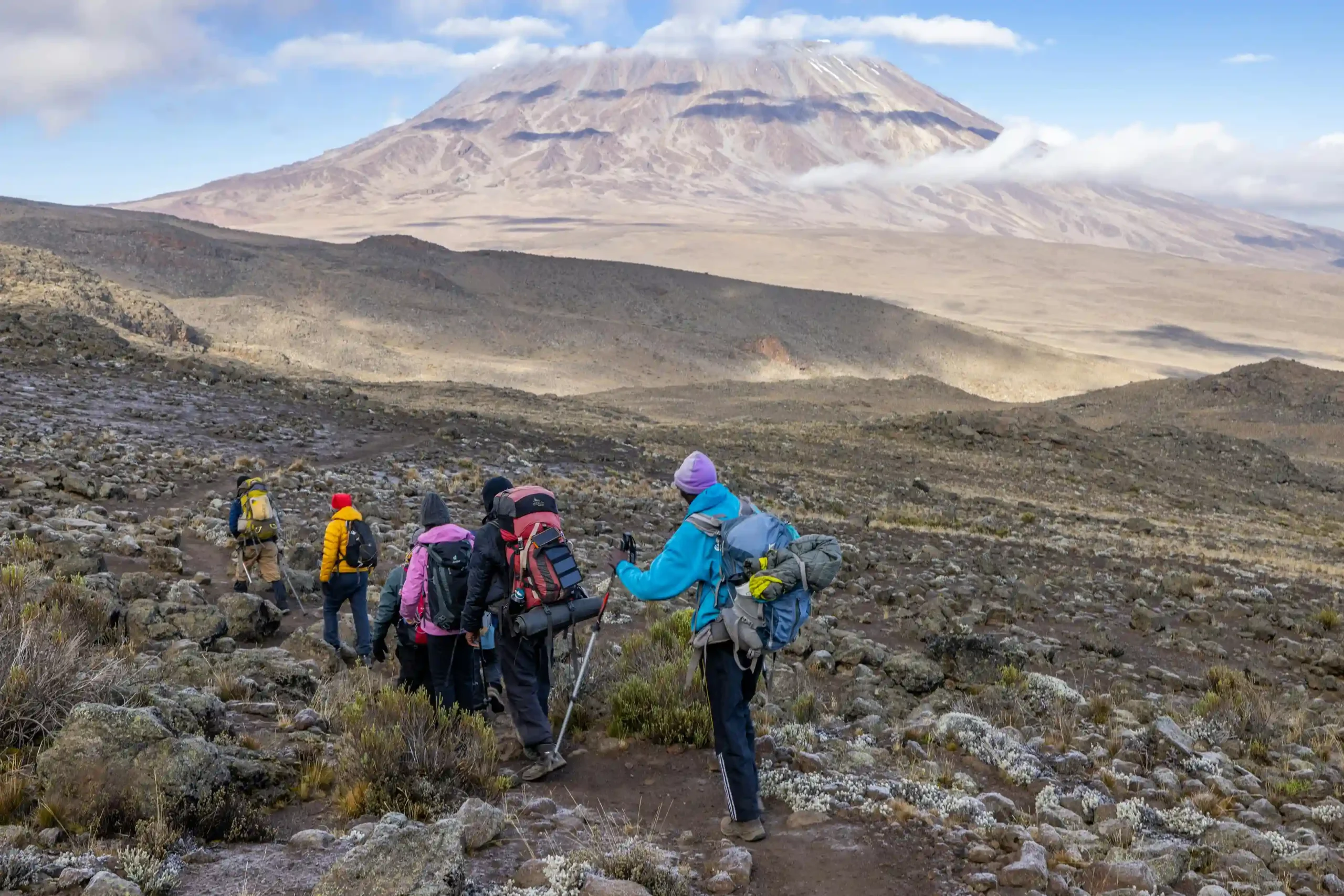 A group of hikers trekking on a trail with a clear view of Mount Kilimanjaro in the background.