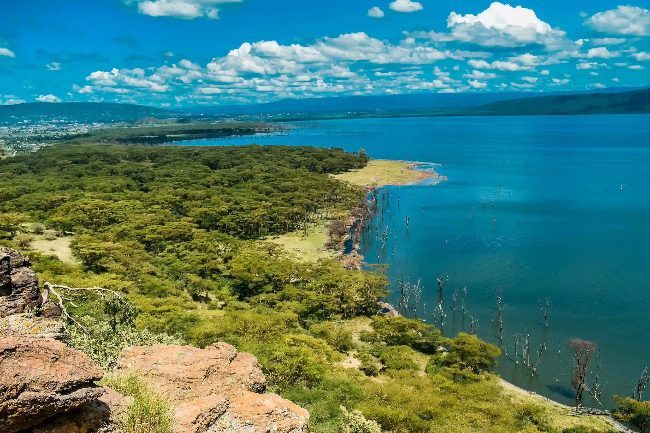 Aerial view of the bright blue Lake Naivasha in Kenya, surrounded by dense green forest and brush, with dramatic white clouds in the sky.