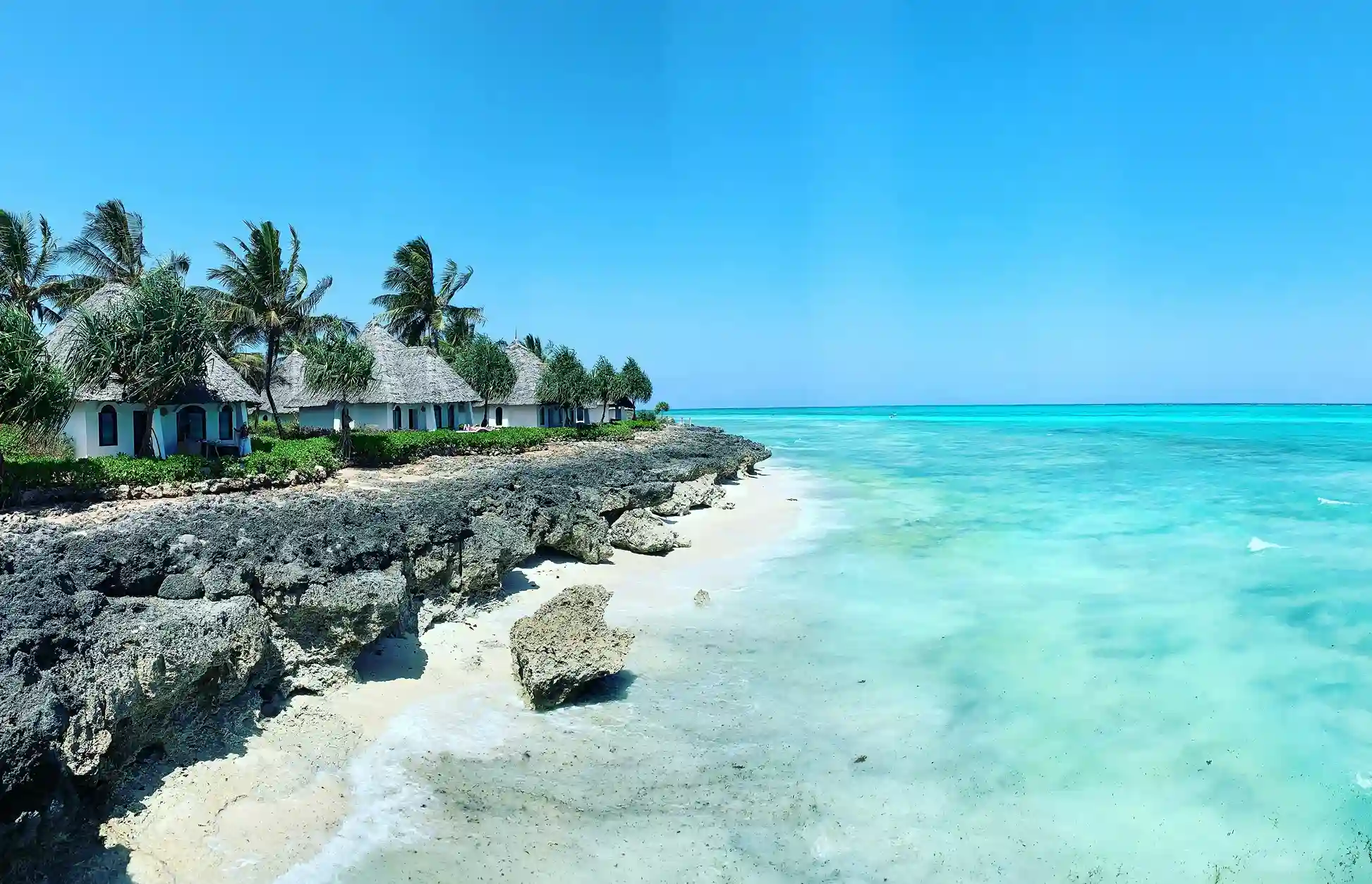 A pristine Zanzibar coastline with turquoise water, a rocky shore, and a line of beach huts with thatched roofs nestled under palm trees.