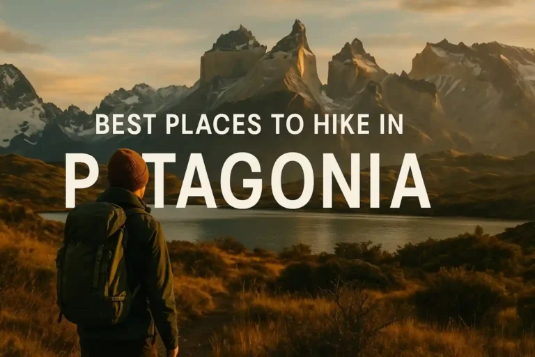 Blog banner image for 'Best Places to Hike in Patagonia' featuring a hiker and mountain peaks at sunset.
