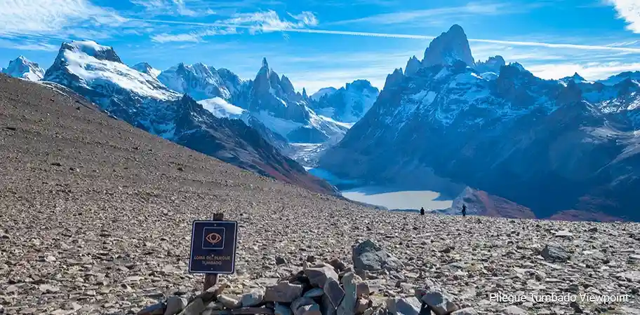 View of Mount Fitz Roy and valley from Pliegue Tumbado viewpoint, El Chaltén, Argentina.