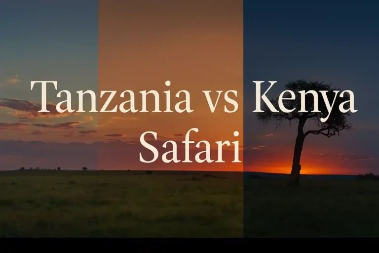Title image comparing Tanzania vs Kenya safari tours, featuring an acacia tree silhouette against a dramatic African sunset or sunrise.