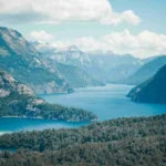 Panoramic view of blue lakes and Andean mountains in the Patagonia Lake District
