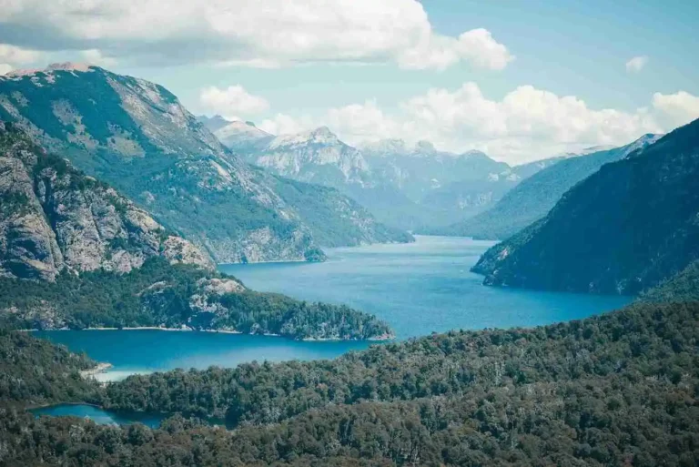 Panoramic view of blue lakes and Andean mountains in the Patagonia Lake District